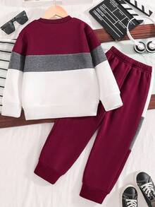 Young Boy Cartoon Print Warm Crew Neck Long Sleeve Top And Sweatpants - Burgundy - View 3