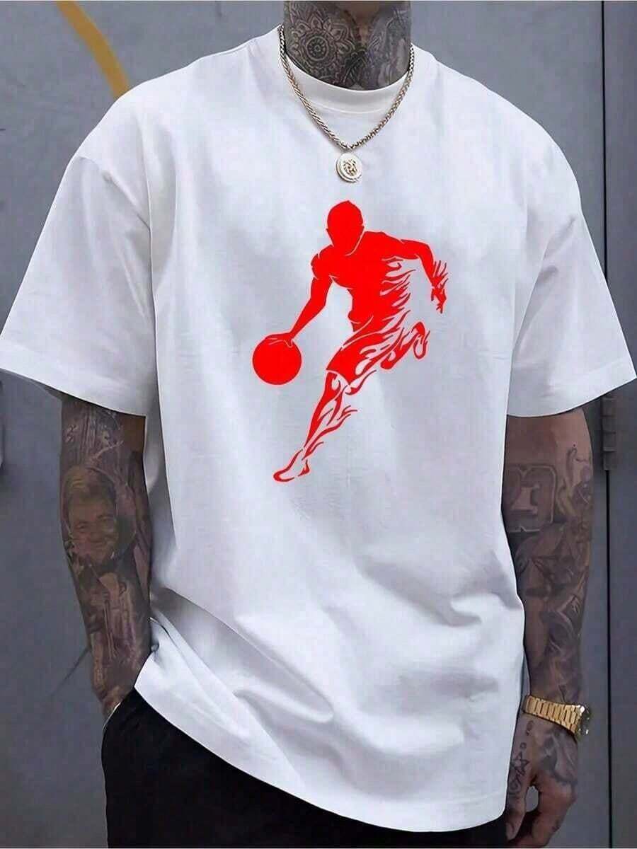 [Printed Silhouette Basketball Jersey] Men's Printed Silhouette Basketball Jersey, 100% Cotton, Casual Crew Neck, Long Sleeve With Slight Elasticity, Comfortable Fit Knit Top For All Seasons MXNX - 杏色 - 查看 1