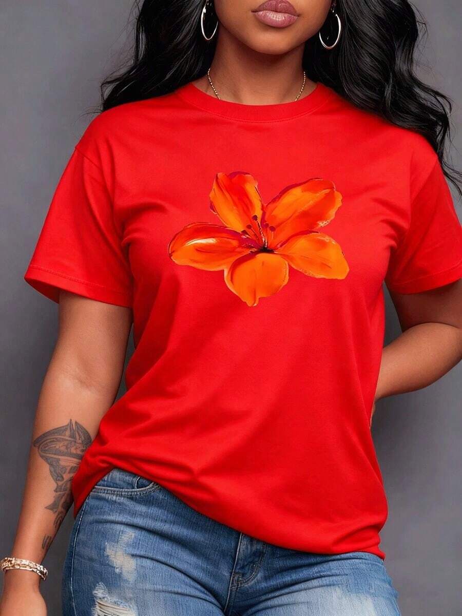 A Vibrant Orange And Red Flower Majestically Unfurls Its Petals, Symbolizing Passion, Vital Energy, And A Touch Of Radiant Nature That Enchants. Women's T-Shirt, 100% Soft, Cool Cotton, Perfect For Casual Summer Wear, Maija Women's Curvy Style. - 紅色 - 查看 1