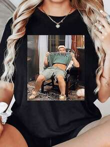 Women's 100% Cotton Casual T-Shirt, Urban Vintage Style, With Funny Movie Scene Digital Print, 220g, Round Neck, Loose Fit, Breathable - 白色 - 查看 9