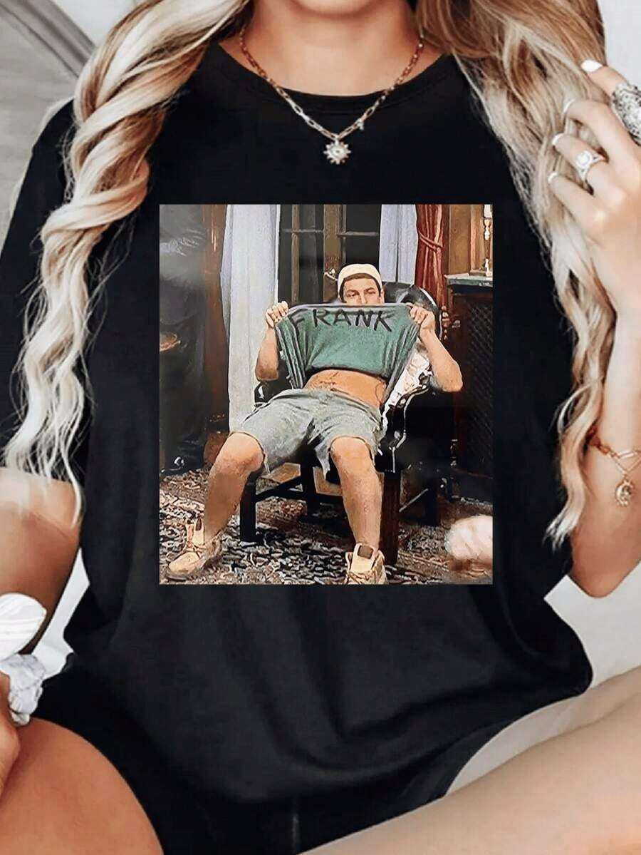 Women's 100% Cotton Casual T-Shirt, Urban Vintage Style, With Funny Movie Scene Digital Print, 220g, Round Neck, Loose Fit, Breathable - 黑色 - 查看 1