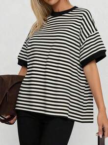 casual de mujer  de cuello redondo holgado, camiseta de manga corta a rayas con parches minimalista de color contrastante, adecuada para uso diario, ir al trabajo y verano en casa, color rosa - Negro - Ver 4