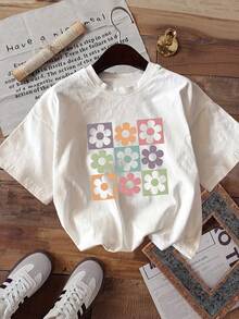 Camiseta Casual de Manga Corta con Cuello Redondo y Hombros Caídos para Mujer, con Estampado Floral para el Verano - Blanco - Ver 3