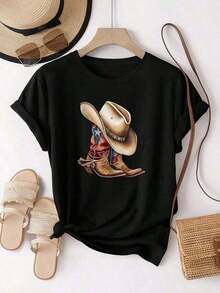 Women's T-Shirts Western Style Printed T-Shirt For Women | Denim Boots And Hat Design, 'Best Season' Text, Machine Washable, Casual Wear For All Seasons, Stylish Gift For Parties And Holidays. - 黑色 - 查看 4