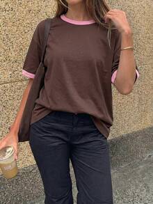 GLAMSKIN 女款夏秋基礎條紋圓領寬鬆短袖T恤，純色極簡休閒上衣，適合返校、外出、街頭穿搭、通勤上班 - 棕色 - 查看 7