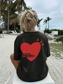 Camisetas Gráficas 2026 con Estampado de Doble Cara para Mujer, Primavera/Verano, Estilo Casual, Estilo Minimalista, Estampado de Corazón y Texto "L'AMOUR EST DÉCLARÉ", Cuello Redondo, Manga Corta, Corte Holgado, Camiseta Oversize, 100% Algodón ChuK - Negro - Ver 4