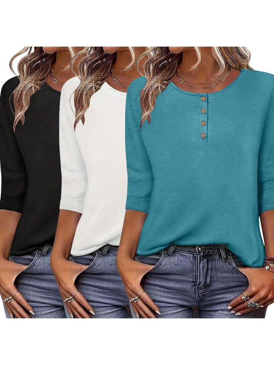 3pcs Solid Color Round Neck 3/4 Sleeve Casual Loose Tops, Suitable For Spring/Summer Daily And Home Wear, Women