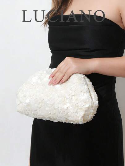 1pc French Elegant Sequin Evening Clutch Bag, New Fashionable Versatile Handbag, Party & Formal Dress Accessory Cloud-Shaped Bag, White Color, Snap Closure, Detachable Chain Strap, Suitable For Banquet & Party Attendance