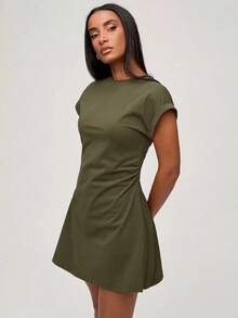 Vestido corto casual de punto de unicolor con cuello redondo, manga corta y cordón lateral para mujer - Verde militar - Ver 4