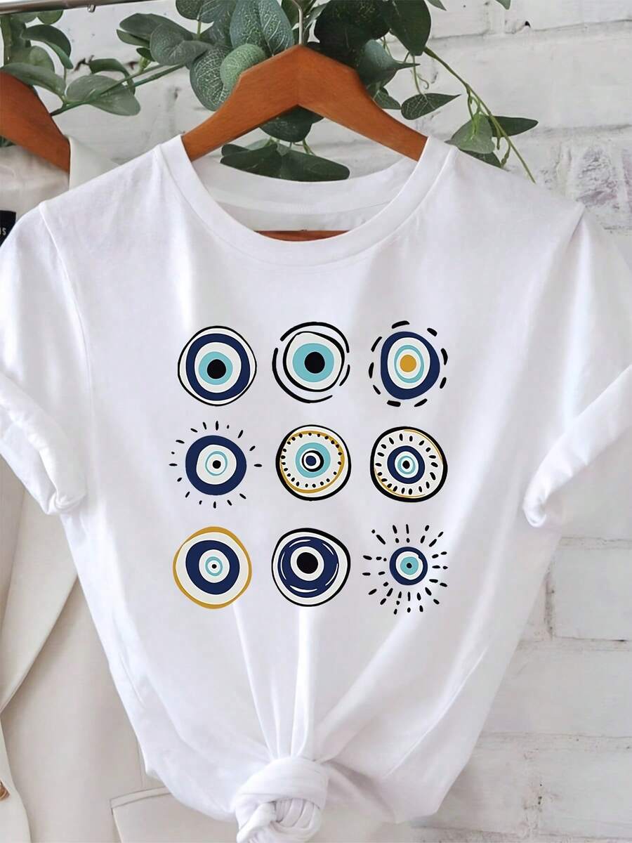Women's T-Shirt With Turkish Eye Design, Various Styles, Turkish Eye Decoration, Casual Short Sleeve, Blue-Yellow, Mysterious, Artistic, For Culture Lovers, Everyday Top, Women's Clothing - 白色 - 查看 1