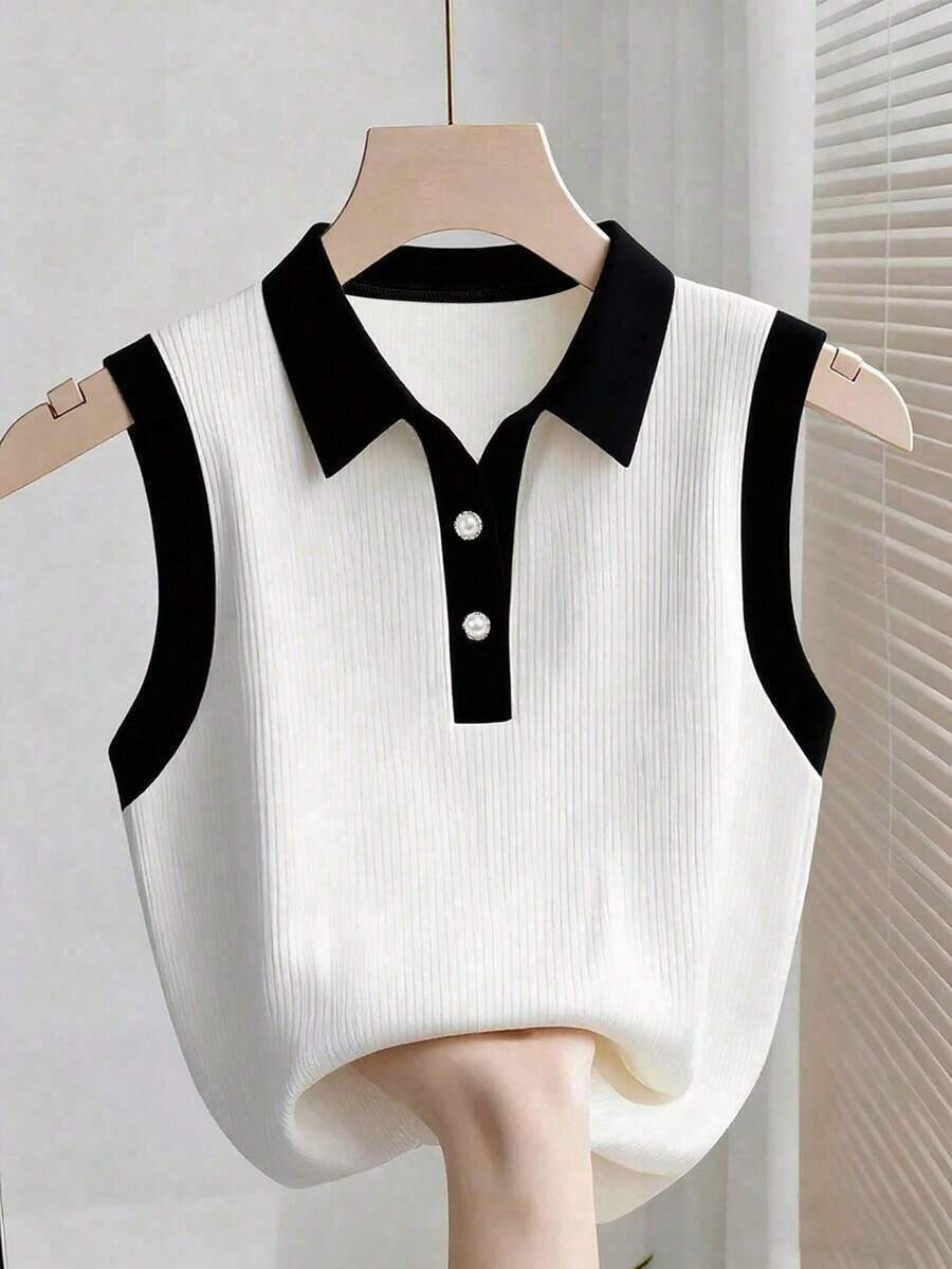 Parte superior sin mangas de contraste de color versátil casual para mujer, top blanco y negro, blusas de verano para mujer, blusas lindas y preppy, top de punto de verano sin mangas, camisa polo de punto para mujer, blusas de punto de verano par - Blanco y Negro - Ver 1