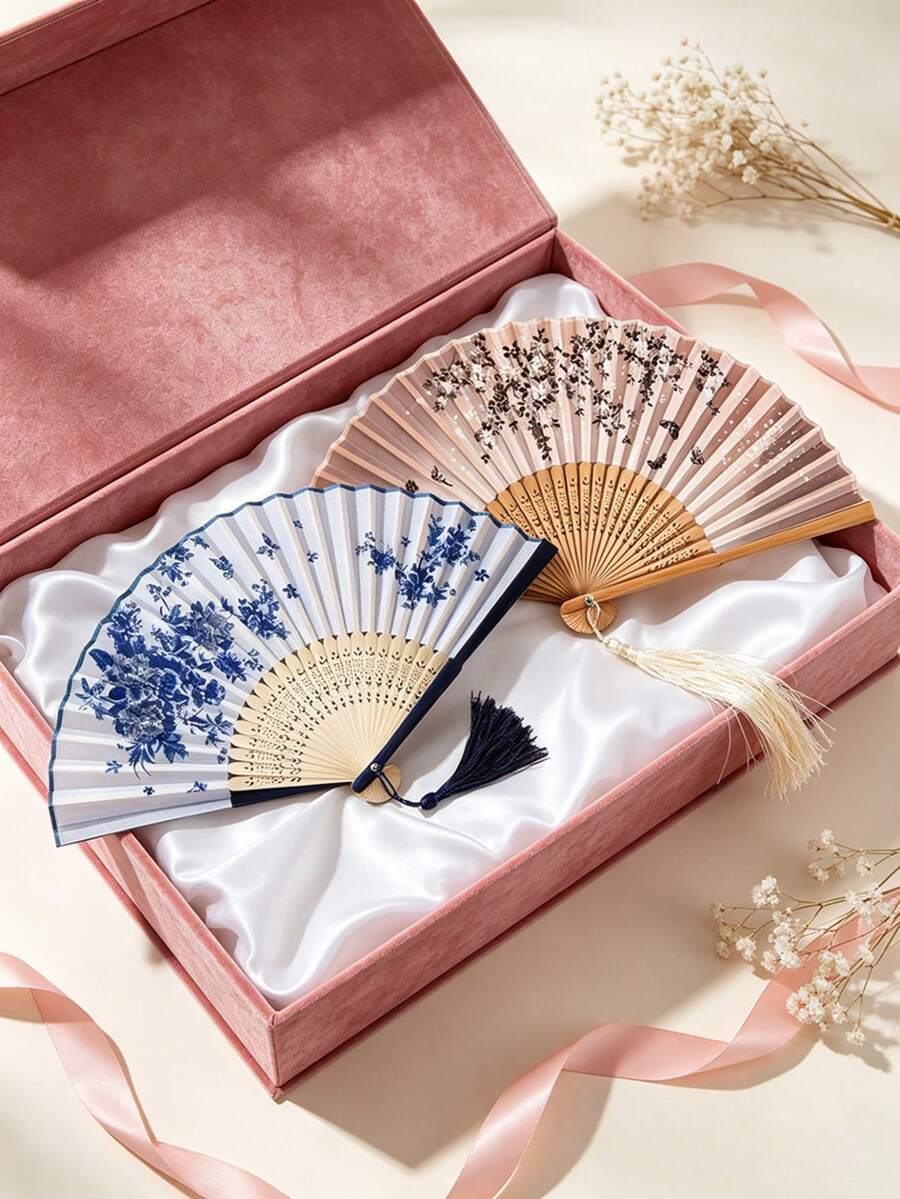 2件裝復古印花折扇附流蘇,便攜式竹製手搖扇,適合海灘、婚禮、音樂節、日常使用,送給女性的禮物 - 扇子 - 查看 1