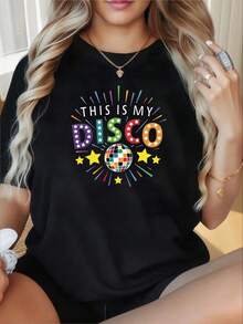 Women's Retro And Modern Style Round Neck Short Sleeve T-Shirt With "THIS IS MY DISCO" Text Print And Rainbow Disco Ball Element, Ideal For Casual Shopping, Holiday Gifts, Outfits For Friends Gatherings And Vacations, Women's Summer Clothing. - 黑色 - 查看 1