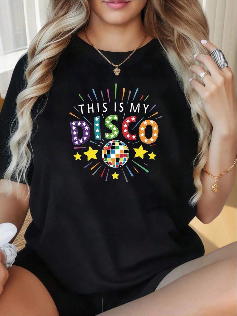 Women's Retro And Modern Style Round Neck Short Sleeve T-Shirt With "THIS IS MY DISCO" Text Print And Rainbow Disco Ball Element, Ideal For Casual Shopping, Holiday Gifts, Outfits For Friends Gatherings And Vacations, Women's Summer Clothing. - 黑色 - 查看 1