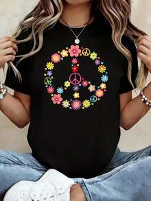 Hippie Peace Sign Flower Power Peace Sign World Peace Women's T-Shirt Casual Shirt 220g Funny Graphic Short Sleeve 1 Pcs Tee Novelty Crew Neck Oversized Top 100% Cotton - màu đen - Xem 2