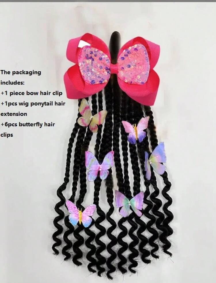 Extensiones de cabello trenzado de cola de caballo para niños con extremos rizados, elástico con cuentas de mantequilla/rastas, peinado protector desmontable - Mariposa rosa roja - Añade 2