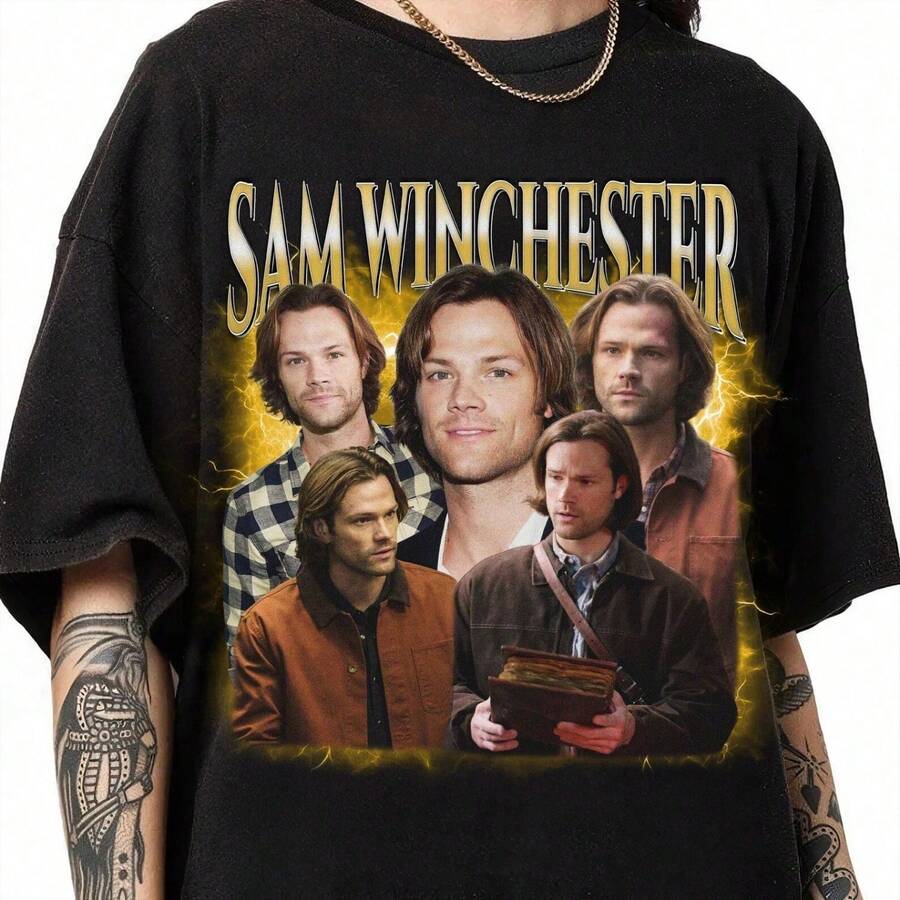 Sam Winchester Vintage Style ernatural R Camiseta 100% Algodón Unisex - Playera Casual Premium de Corte Cómodo - Negro - Ver 1