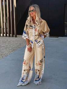 2 piezas Conjunto casual y de fiesta para mujer, que incluye camisa con cuello y decoración de botones y pantalones de pierna ancha para verano - Champán - Ver 2