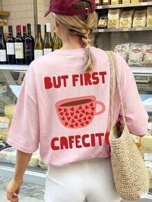 1 Summer Short Sleeve T-Shirt With Round Neck, Pink Heart And Coffee Cup Print, English Letter Print, Casual And Comfortable Loose Fit For Coffee Lovers, Suitable For Street, Daily Wear, Music Festivals, Parties, Holiday Outfit For Women, White Color. - 粉色 - 查看 4