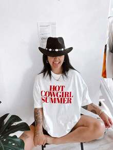 1 Piece Summer Cowgirl Style T-Shirt, T-Shirt, Cowgirl Shirt, Western Shirt, Retro, 180g, 100% Soft Cotton - 白色 - 查看 2