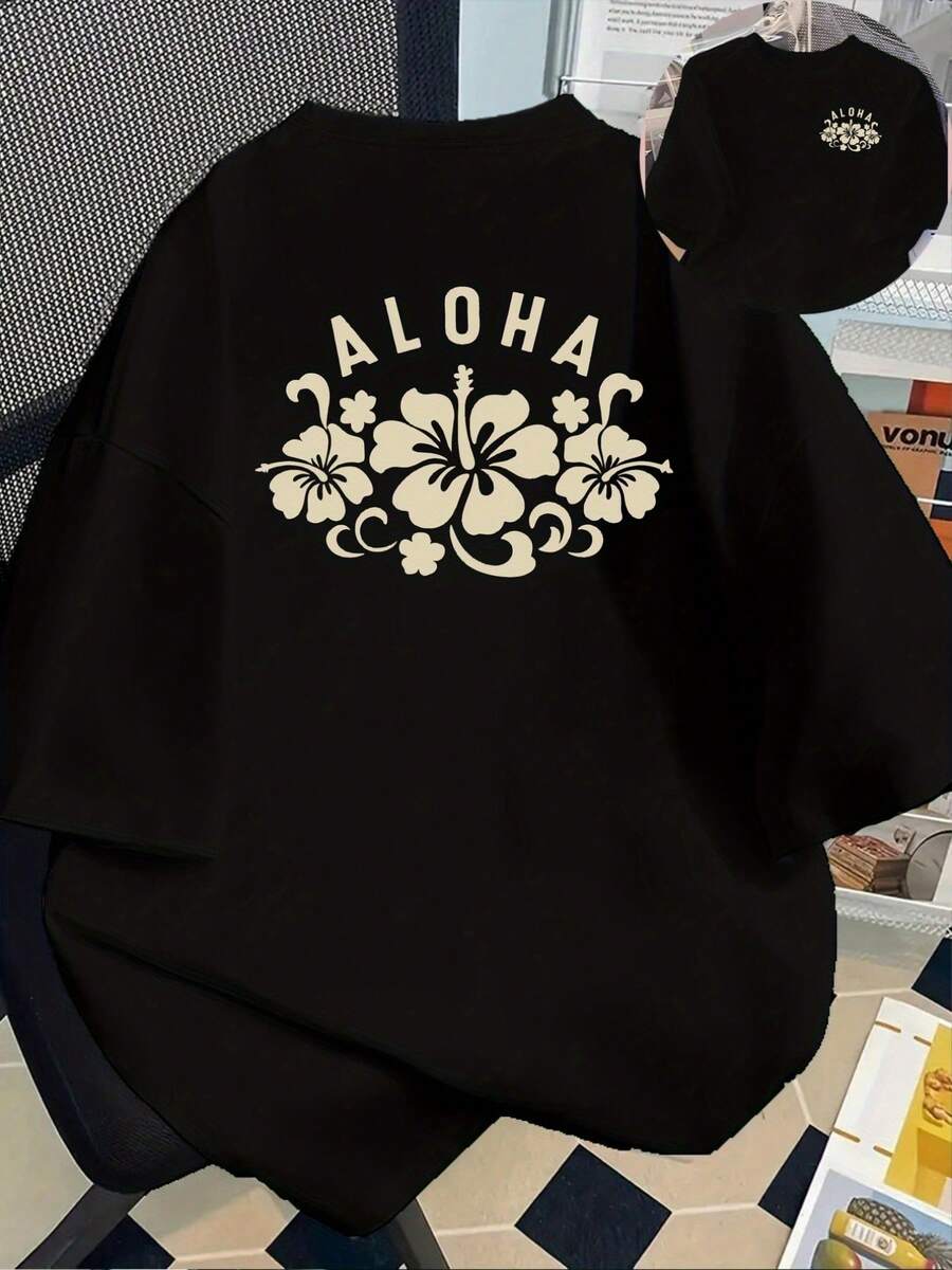 Camiseta de Estilo Hawaiano con Estampado Aloha, Manga Corta, Cuello Redondo, Top Casual para Primavera Verano, Ropa de Mujer Y2k - Negro - Ver 1