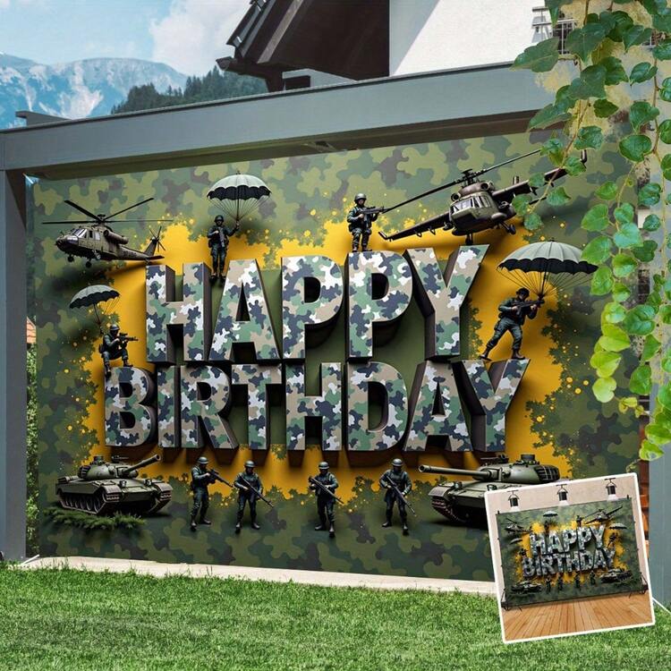 Fondo de tela con diseño de tanque y helicóptero camuflado de pieza única plana en 2D, ideal para decoración de pared, tapiz para estudio de fotografía y escenas interiores/exteriores para eventos y fiestas - 11 - Añade 1