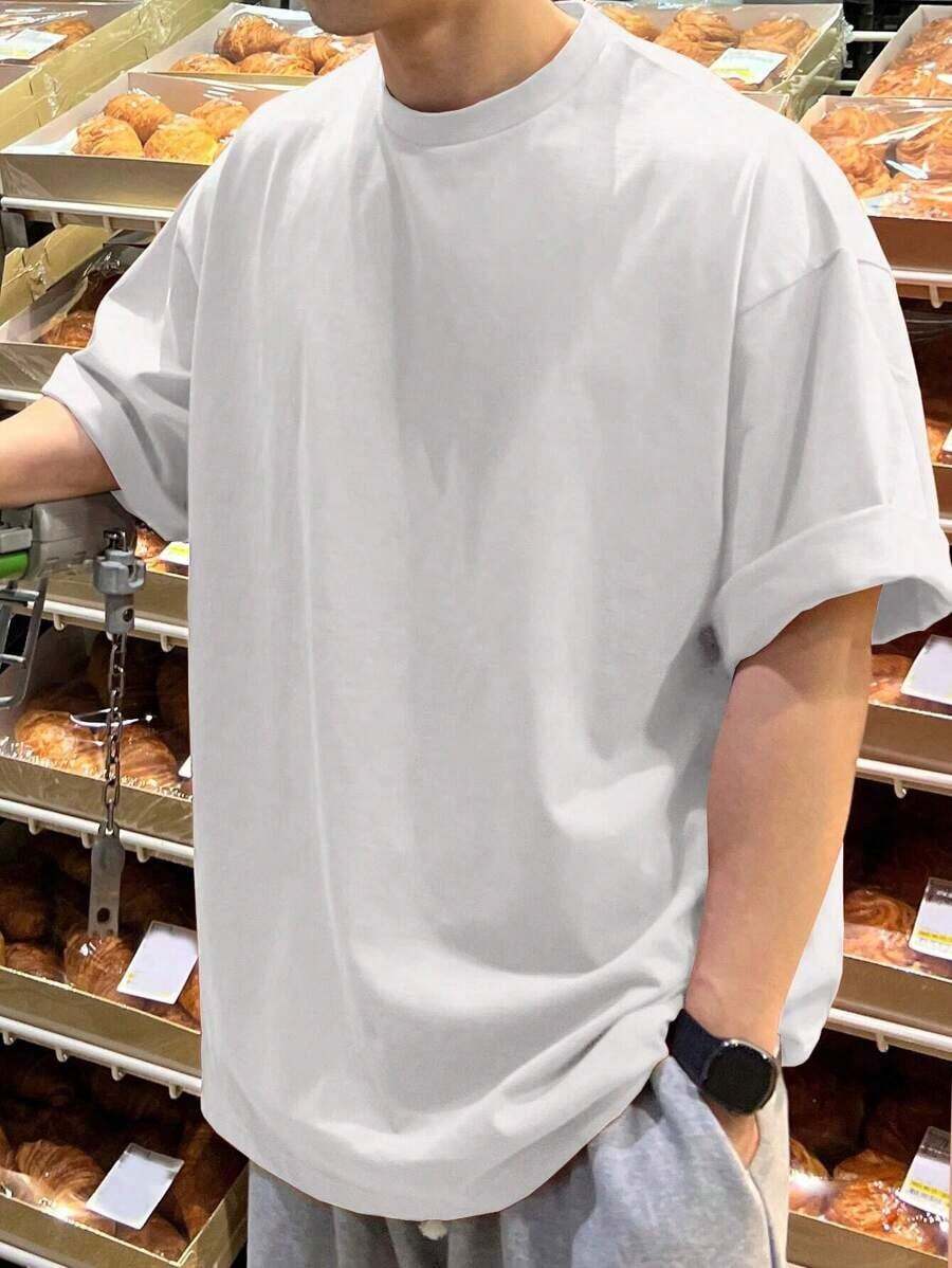 Camiseta de algodón para hombre con hombro caído sólido y sin diseño - Blanco - Ver 1
