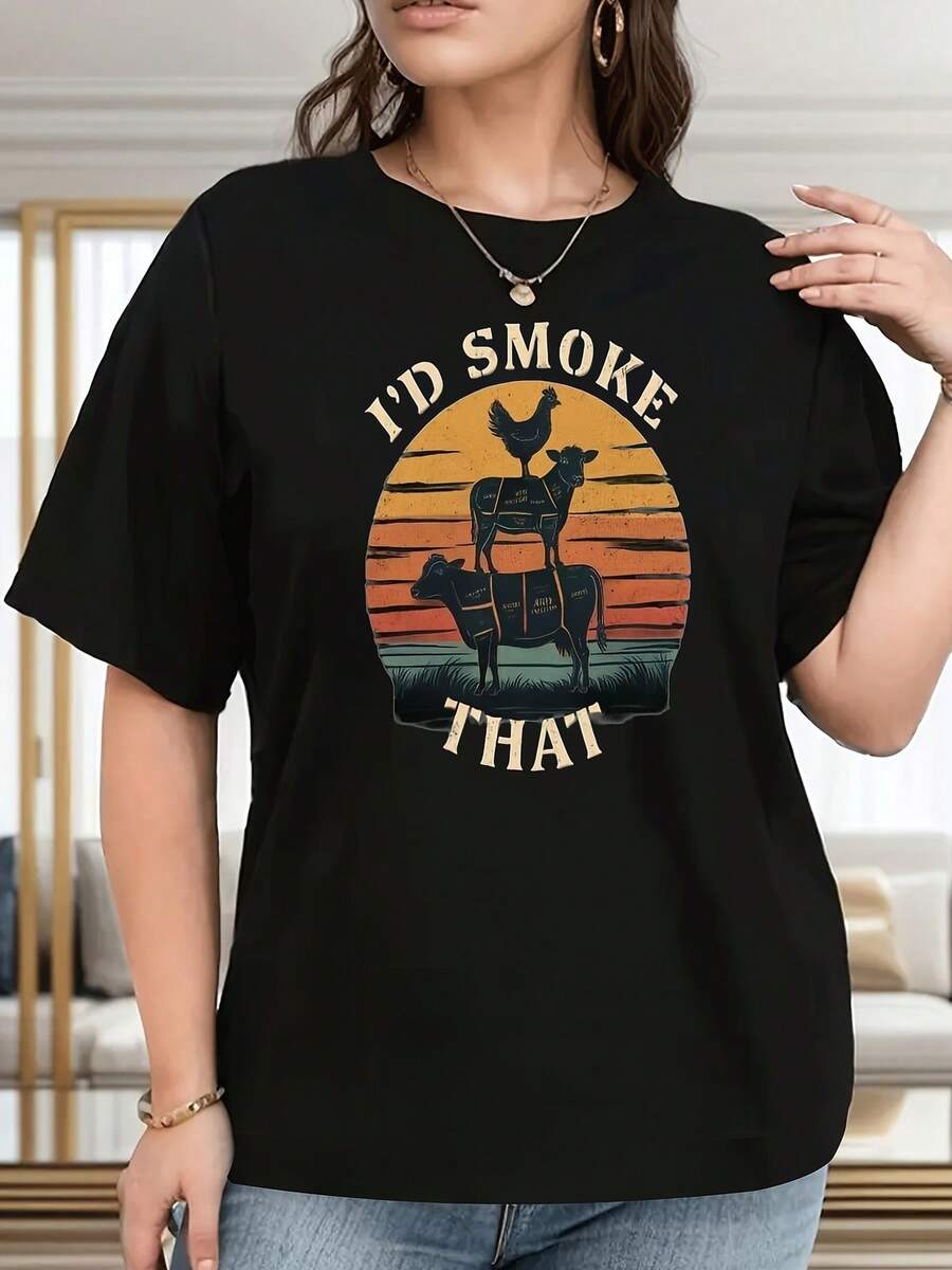 Plus Size Women's Funny Fishing T-Shirt - "I'm Gonna Catch That" Design, Fish And Fishing Rod Motif, Casual Black Outdoor Crew Neck Top, Comfortable For All Seasons, Machine Washable, Cute. - 黑色 - 查看 1