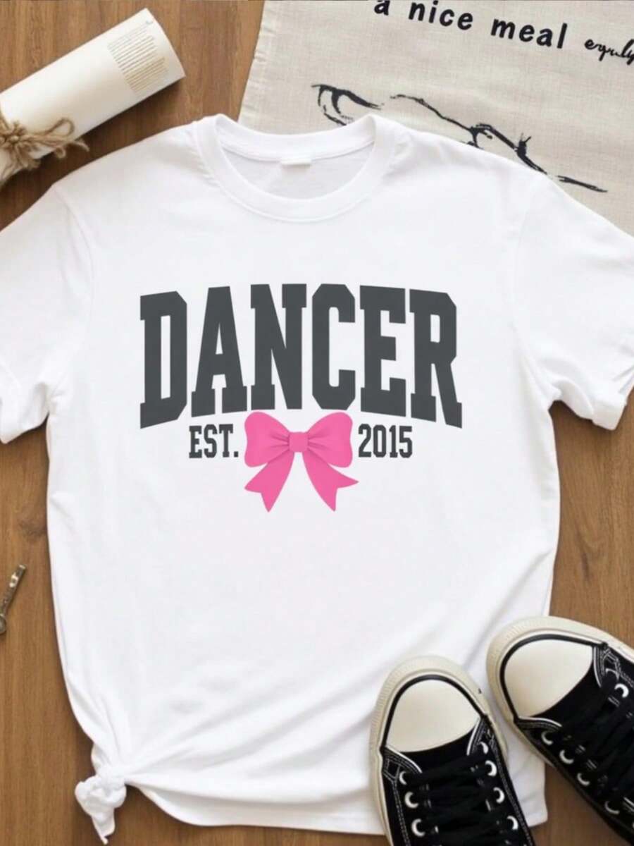 Camiseta de manga cortara mujeres - Camiseta blanca con un diseño de bailarina establecido en 2015, hecha de tela elástica suave, adecu para lavar a máquina, versátil para todas las estaciones, top elegante, camiseta gráfica de moda, uste cómodo