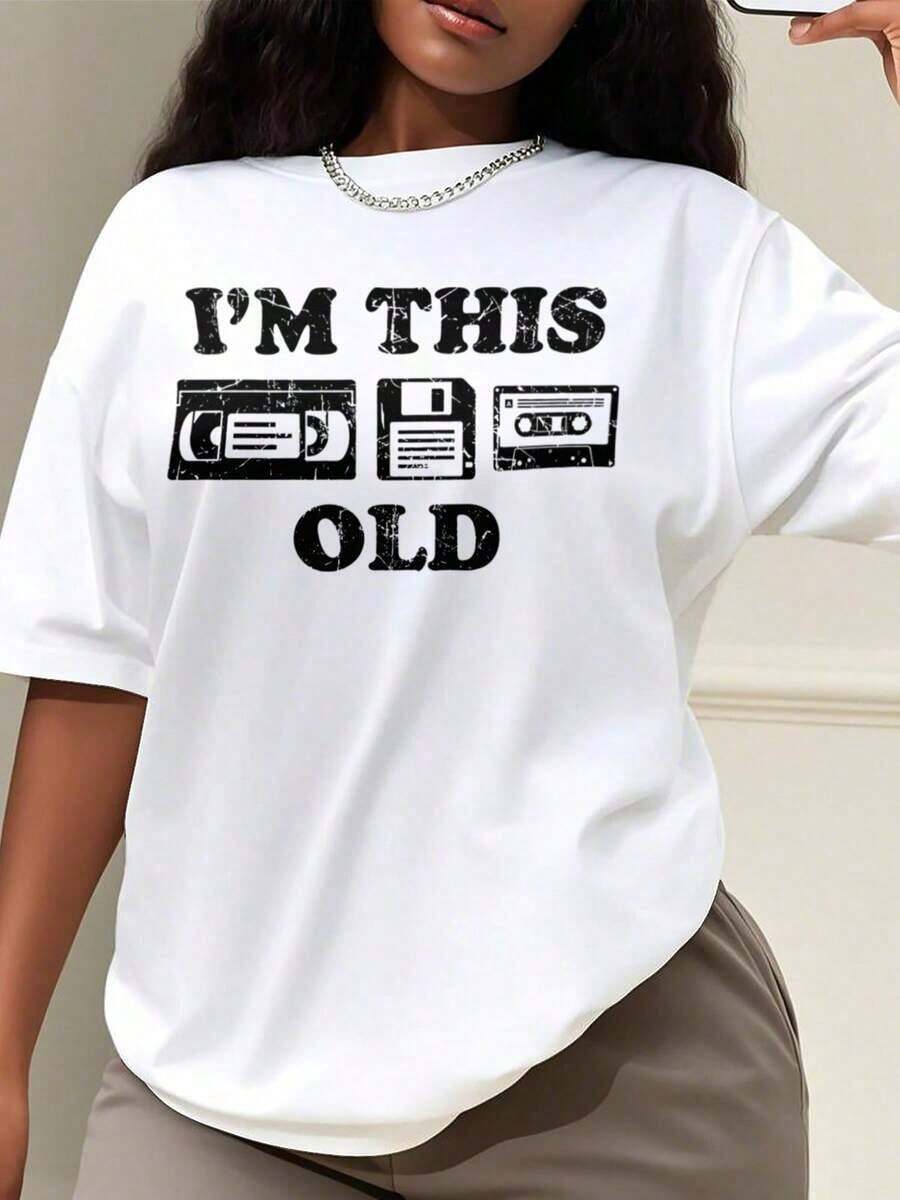 1 pieza de camiseta de estilo oversize para mujer, divertida y retro con el texto "I'm This Old", diseño vintage de disquete y VHS - estilo de los 90, excelente idea de regalo, camiseta oversize para mujer, perfecta para fiestas navideñas o para regalar, suave y cómoda, 180g 100% algodón, los diseños están completamente impresos. Unisexo. - Blanco - Estilo 2 - Ver 1