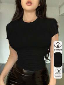 Camiseta de manga corta para mujer de ajuste ceñido, de cuello redondo y unicolor para el verano - Negro 3 - Ver 6