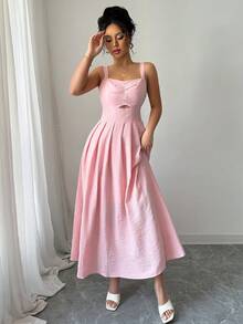 Lily House Women's Summer Pink Square Neck Cutout Pleated Mini Dress, Lightweight Elegant Casual For Beach Vacation Graduation Party - Pink - View 4