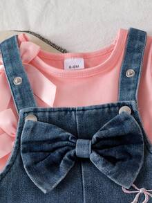 2pcs Baby Girl Cute Bowknot Pink Short Sleeve T-Shirt Top And Bow Decor Embroidered Denim Bib Overalls Pants Set - Pink - View 8