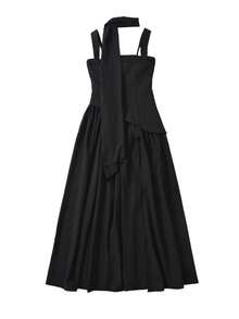 Elegant Women's Strapless Dress With Scarf, Unique Design, High Slit, Pleated, Fitted Waist, And Full Skirt - 黑色 - 查看 1