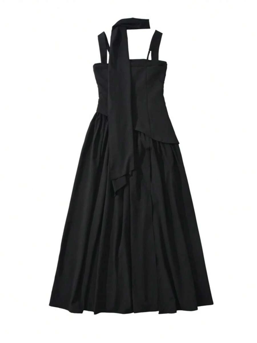 Elegant Women's Strapless Dress With Scarf, Unique Design, High Slit, Pleated, Fitted Waist, And Full Skirt - 黑色 - 查看 1