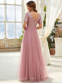 Vestido de noche rosa de línea A con cuello en V, manga corta y malla con lentejuelas, elegante vestido de gala formal, adecuado para invitados de boda, fiesta de cóctel, dama de honor, ceremonia de graduación - Rosa vieja - Ver 3