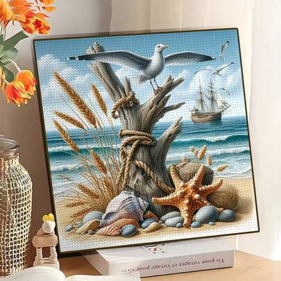 1 pieza Nuevo mosaico de pintura de diamante redondo 5D, con temas de gaviota, barco, estrella de mar y concha marina, hecho a mano con incrustaciones de diamante, se puede usar como decoración de pared del hogar, regalo ideal para novia, padres, amigos, agrega un ambiente romántico de playa, sin marco