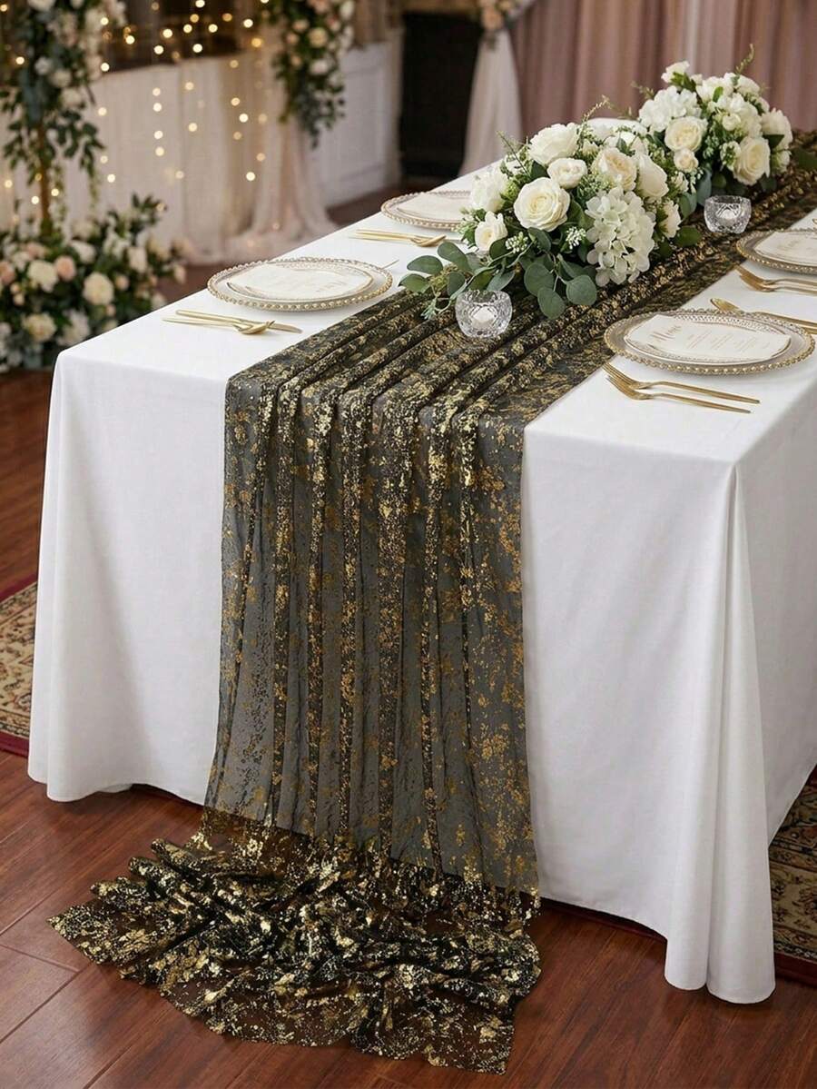 1pc Black Gold Sequin Table Runner,Broken Gold Gauze,Polyester Rectangular Sparkling Tablecloth,Wedding Table Runner,Birthday Babyshower Wedding Party Decoration,Halloween Party Decor,Happy Halloween Decorations For Home,Trick Or Treat Decor - Black Gold - View 1