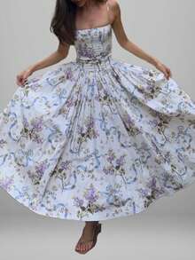 Vestido sin mangas primavera estampado combinado estilo europeo casual elegante para mujer - Dorado - Ver 2