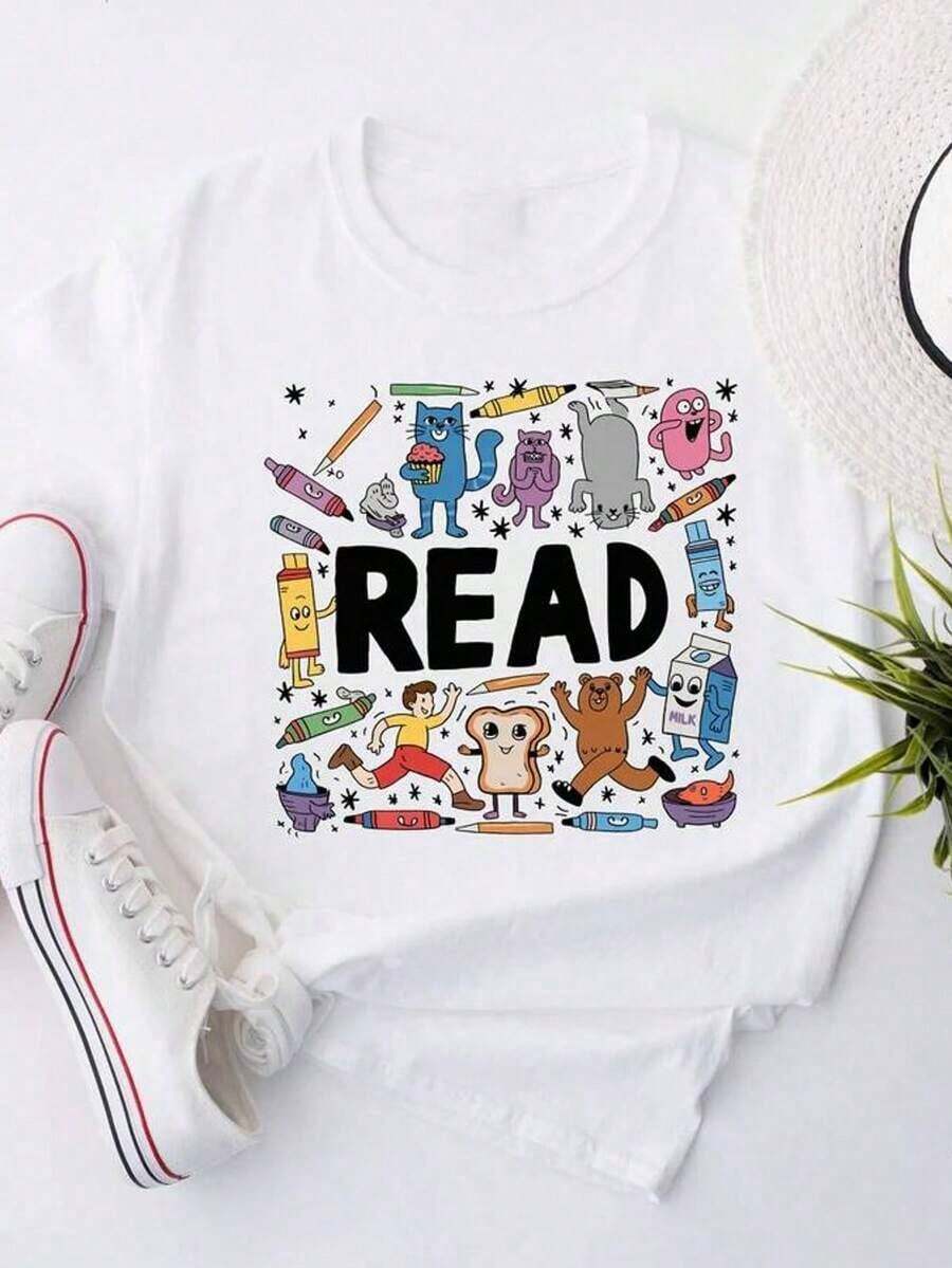 GiftGiftGiftGiftComfort Colots Teacher T-Shirt With Book Print For Kids, Oversized Graphic Tees For Women, Book Lover T-Shirt, Teacher T-Shirt, Elementary School Teacher T-Shirt, Kindergarten T-Shirt, Summer T-Shirts And Tops For Women, Pure Cotton Short Sleeve Crew Neck Urban Style T-Shirt, Soft. Soft - 白色 011 - 查看 1