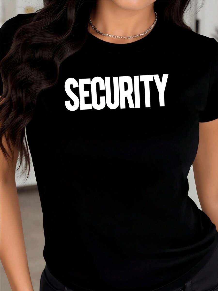 Palabra SECURITY grande en blanco que simboliza fuerza confianza y autoridad creando una apariencia moderna y segura perfecta para expresar carácter fuerte camiseta de mujer casual cómoda y versátil - Negro - Ver 1