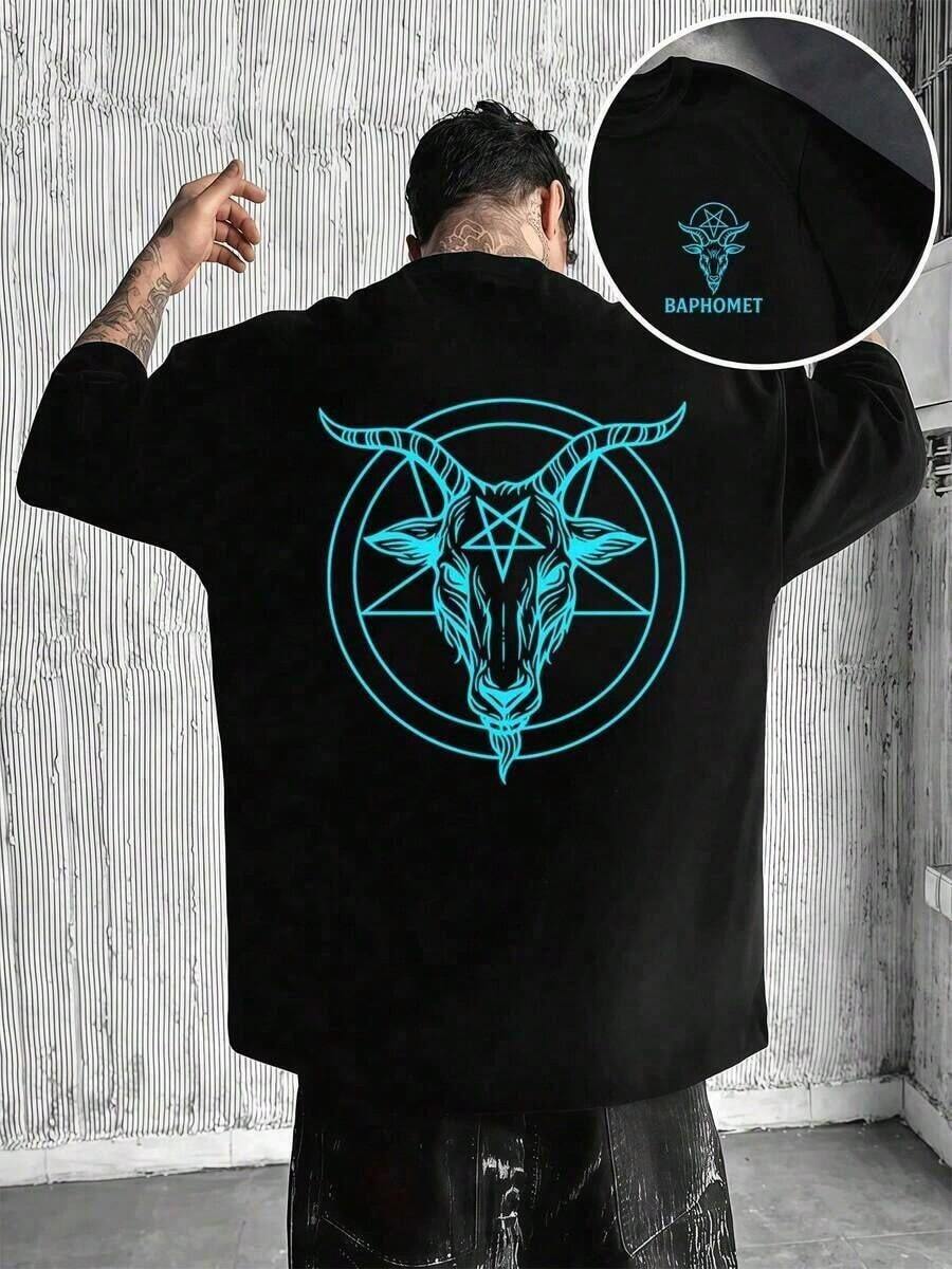 Camiseta Baphomet con pentagrama de cabra, algodón de alta calidad, estampado a doble cara, calidad premium, estilo urbano para primavera y otoño. - Negro - Ver 1