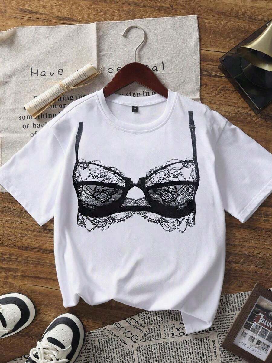 New Y2K Minimalist Summer T-Shirt With Striking Printed Tube Top, Round Neck, Short Sleeve White, Casual And Versatile For Women On Vacation - 白色 - 查看 1