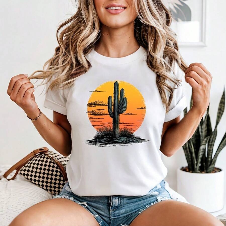 Cactus Desert Landscape Womens T-Shirt Vintage Sunset Nature Tee - Grey - View 1