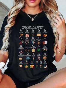 Camiseta Casual 100% Algodón con Estampado de Alfabeto de Habilidades para el Manejo y Concientización sobre Salud Mental, Camiseta de Asesor. Blusas para mujer. - Negro - Ver 5