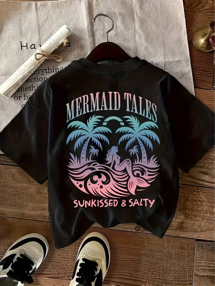 Camiseta Gráfica "Mermaid Tales" para Mujer - Diseño Vibrante de Palmeras y Sirenas, Camiseta Casual Negra de Manga Corta con Cuello Redondo, 100% Poliéster, Lavable a Máquina para Primavera y Verano, Estilo Y2k - Blanco - Ver 1