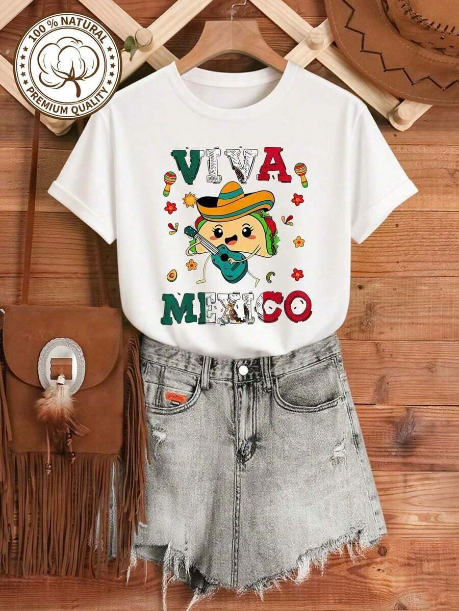 Women's Plus Size Viva Mexico Graphic T-Shirt - 100% Cotton, Short Sleeve, Crew Neck, Casual Top With Vibrant Mexican Culture Design, Maracas, Sombrero And Chili Print, Red/Blue Green, Machine Washable, All Season Comfort, Ideal For Summer - 白色的 - 查看 1