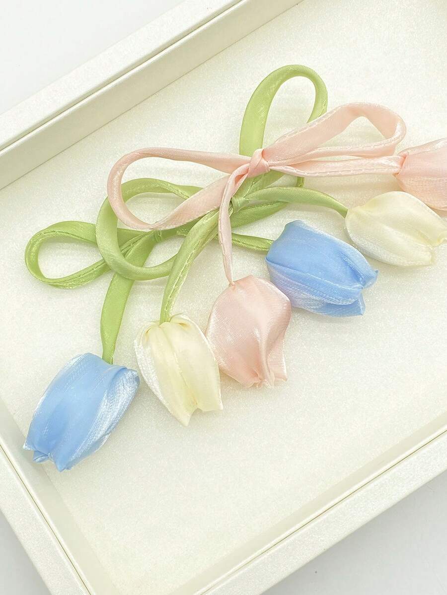 1 chiếc nơ hoa tulip giả, phụ kiện vải hình nụ hoa, dùng để trang trí DIY cho quần áo, giày dép, túi xách, phụ kiện tóc. - màu trắng nhạt - Xem 1