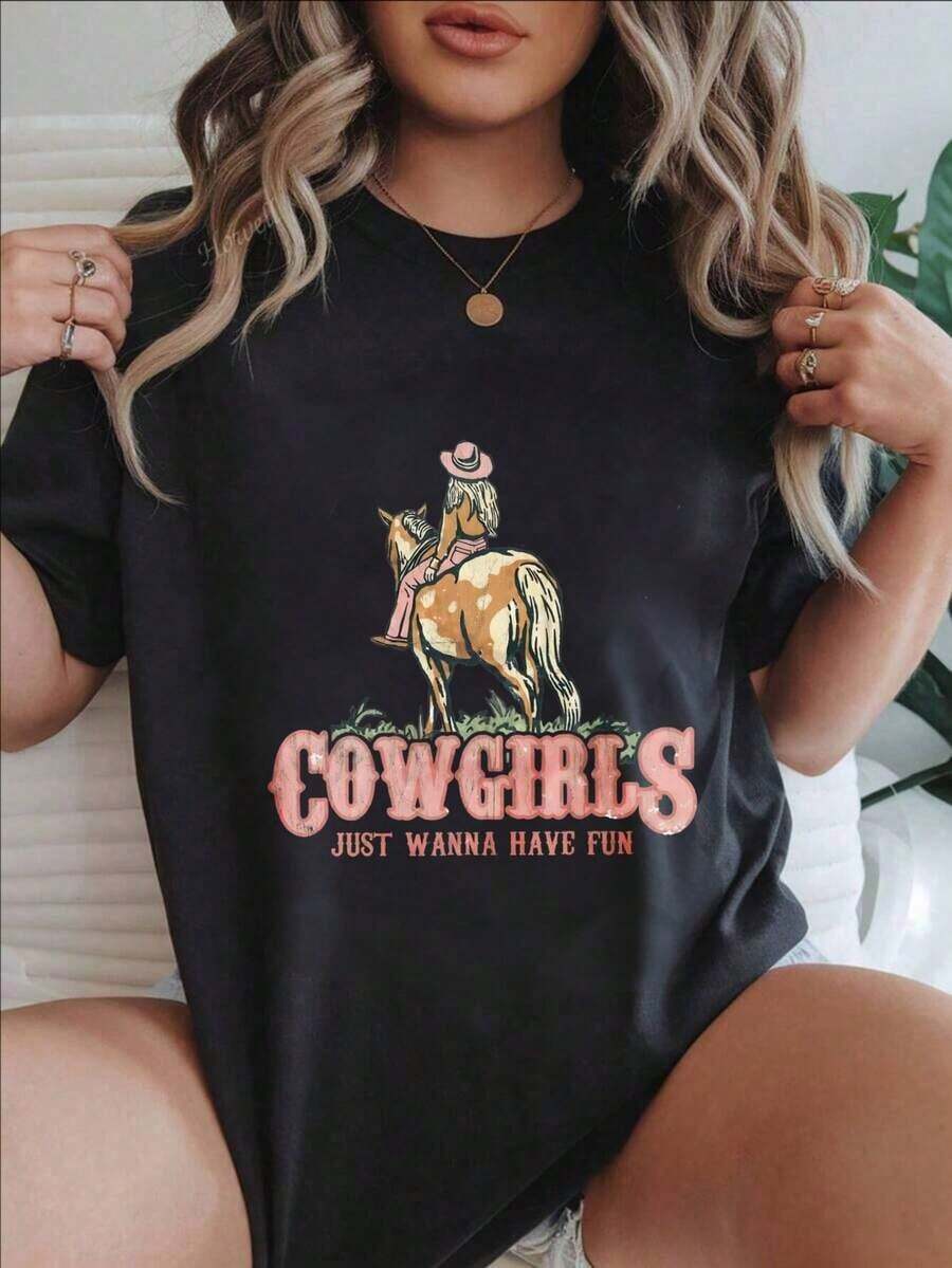 Las vaqueras simplemente quieren divertirse: Camiseta casual con estampado a la moda para mujer, adecuada para todas las estaciones.  
 -Blanco - Negro - Ver 1