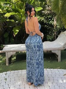 Đầm dài nữ màu xanh dương kiểu Bohemian in hoa điều, cổ chữ V sâu, hở lưng, xếp tầng, thích hợp cho kỳ nghỉ hè, đi biển hoặc dự tiệc thanh lịch. - Màu xanh lam - Xem 4